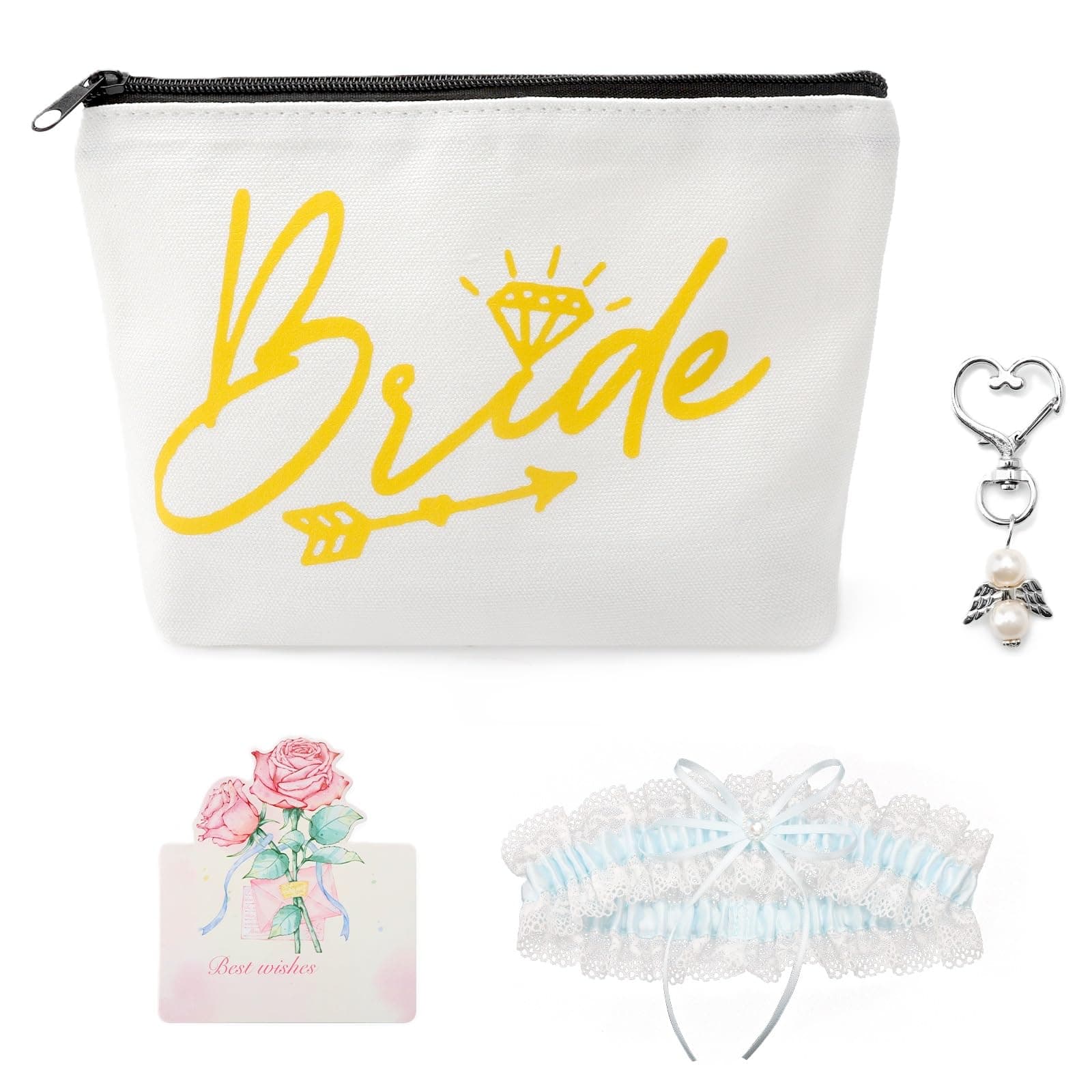 ZMDMAH 4er Set Braut Geschenke, Kosmetiktasche Strumpfband Hochzeit Schutzengel SchlüSselanhäNger GlüCkwunschkarte Jga Party ZubehöR Geeignet für Brautpartys,Junggesellenabschiede, Hochzeiten