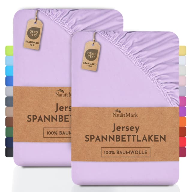 NatureMark 2er Pack Kinder Jersey Spannbettlaken, Spannbetttuch 100% Baumwolle in vielen Größen und Farben MARKENQUALITÄT ÖKOTEX Standard 100 | 70x140 cm - Flieder/Lavendel Flieder / Lavendel 2er Pack 70x140 cm Kinder