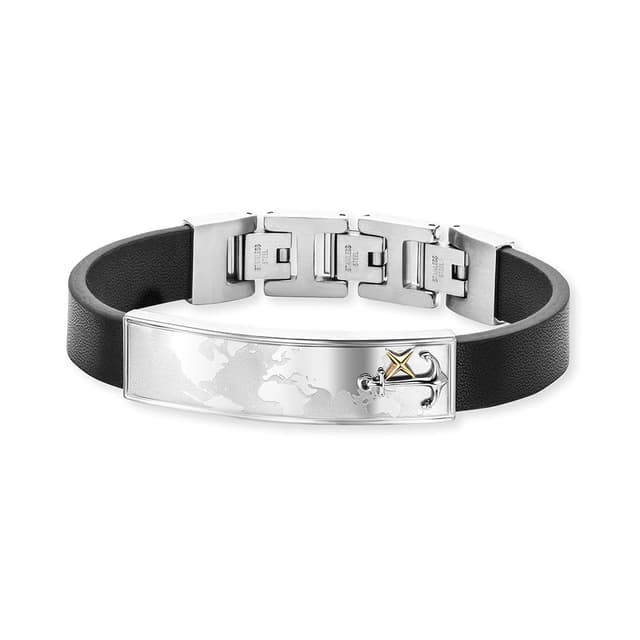 SAVE BRAVE | Lederarmband Worldanchor schwarz - Welt & Anker gold - inkl. Schmuckverpackung