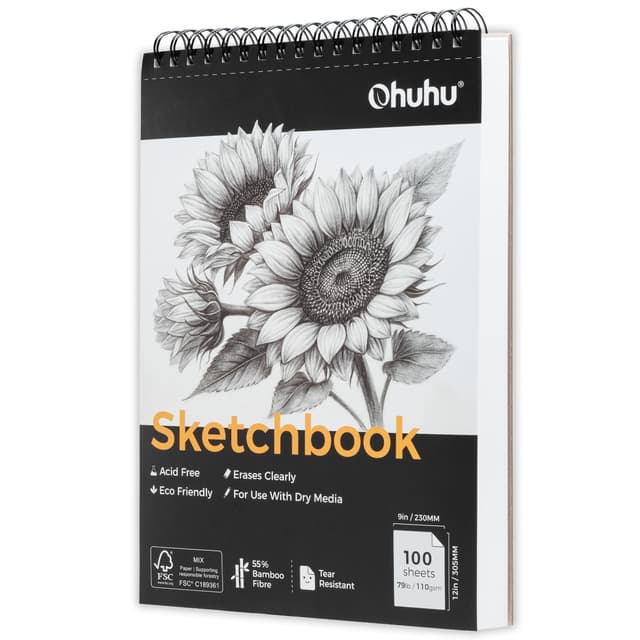 Ohuhu Bamboo Skizzenbuch – 100 Blatt (200 Seiten) Spiralbindung, 110g/m² säurefreies Papier – Radierfest ohne Fasern, ideal für Kohle & Buntstifte, 23×30 cm (15% größer als A4) 23 x 30 cm