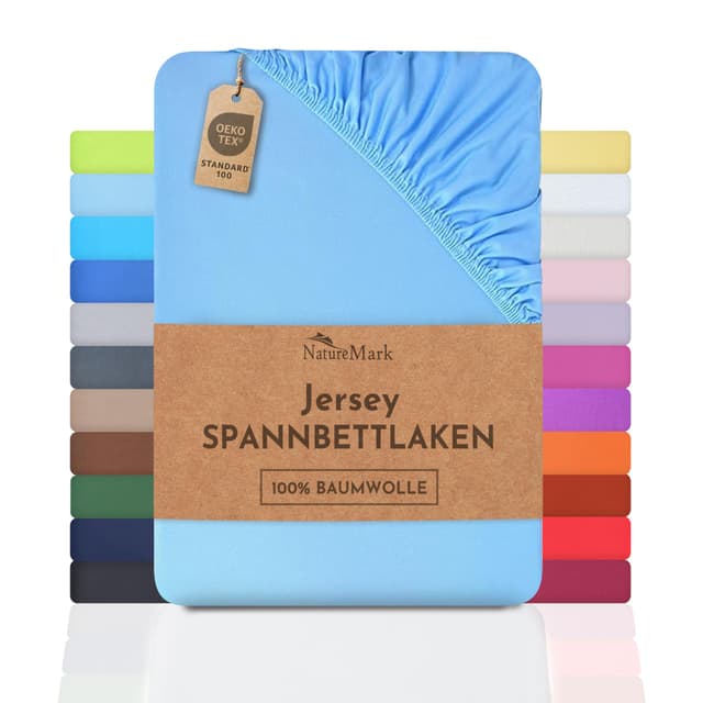 NatureMark Jersey Spannbettlaken, Spannbetttuch 100% Baumwolle in vielen Größen und Farben MARKENQUALITÄT ÖKOTEX Standard 100 | 180 x 200 cm - 200 x 200 cm - hell blau Hell Blau 180x200 - 200x200 cm