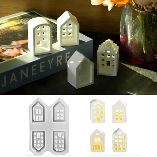 WIKIMO 4PCS Mini Silikonform Haus, Silikonformen Gießformen Weihnachten für Häuser, Kerzen, Epoxidharz, Gießform Häuser Gips Formen zum Gießen 4 Mini Häuschen