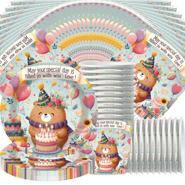 Baby Plüschbär Partygeschirr Set,Doyomtoy Serve 20 Gäste Bärchen Geburtstag Partygeschirr,Teller,Tassen,Servietten für Partyzubehör Geburtstag