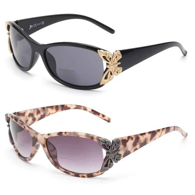 JM 2 Pack Sonnenbrille mit Sehstärke für Damen, Mode Lesesonnenbrille Schmetterling Lesebrille UV400 Schutz