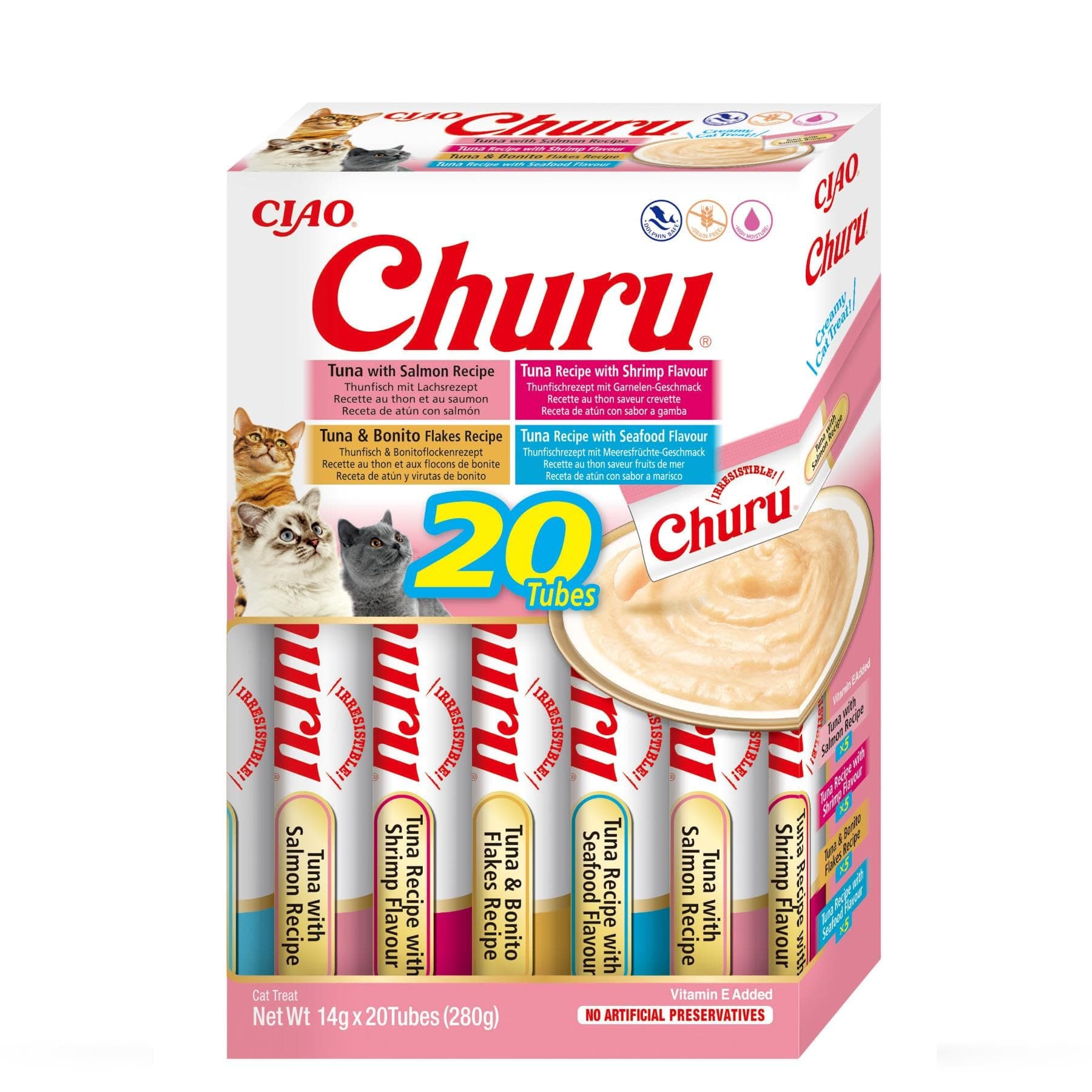 INABA Churu der beste Katzen Leckerlies für Tierarzt, Training, Bindung, Katzenleckerlis Creamy Snack, Variety Box mit 100% natürliches Fleisch | Getreidefrei, Zuckerfrei, Kalorienarm 20 x 14 g Meeresfrüchte