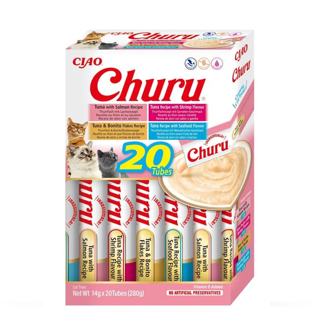 INABA Churu der beste Katzen Leckerlies für Tierarzt, Training, Bindung, Katzenleckerlis Creamy Snack, Variety Box mit 100% natürliches Fleisch | Getreidefrei, Zuckerfrei, Kalorienarm 20 x 14 g Meeresfrüchte