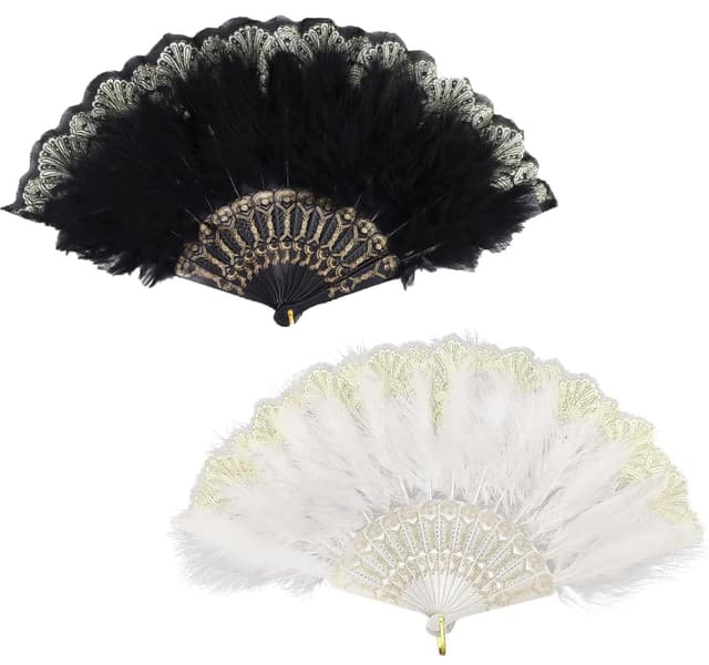 Wxinsheng Damen Fächer Feder,2 Stück Folding Handheld Feather Fan Flower Feather Fan,1920s Vintage Style Folding Handheld Feather Fan,for Costume Dancing Wedding Party Prom Tea Party