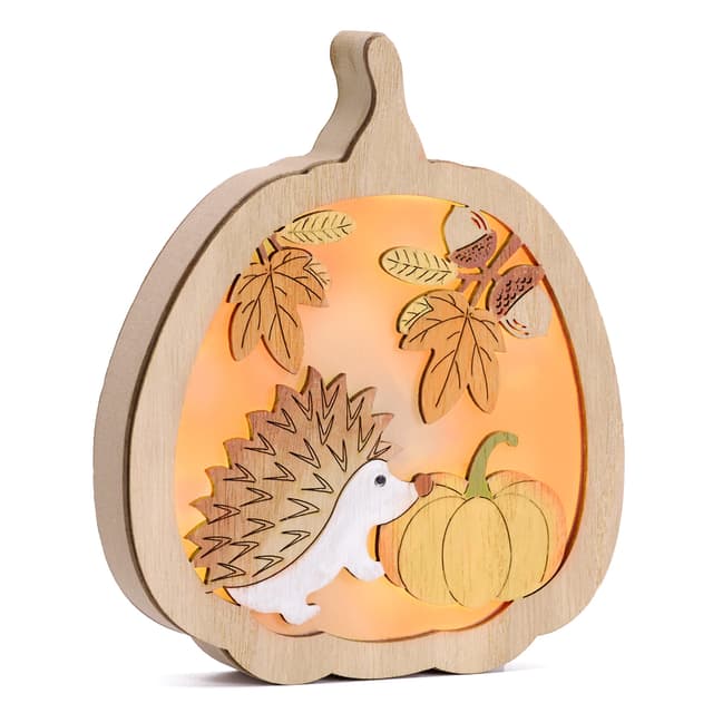 Valery Madelyn Holz Stimmungsleuchten für Herbstdeko,3D Kürbis LED Ornament,Igel Deko für Herbst Dekoration Innen,Fall Decor Tisch Fenster,Geschenk für Halloween Erntedank,15cm