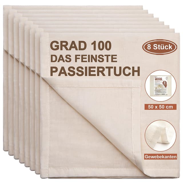 eFond Passiertuch, 8 Stück 50x50cm Käsetuch Feingewebt Dichtegrad 100 Cheesecloth Ungebleichte Reine Baumwolle mulltuch mit Sauber Umgeschlagene Saum, Seihtuch Waschbar und Wiederverwendbar