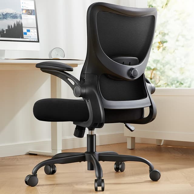 Marsail Bürostuhl Ergonomisch, Schreibtischstuhl mit 3D PU Armlehnen und Verstellbarer Lendenwirbelstütze, Drehstuhl Höhenverstellung und Wippfunktion, Chefsessel aus Mesh, Bis 136kg/300LBS Schwarz