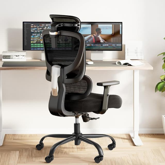 Marsail Ergonomischer Bürostuhl Schreibtischstuhl mit Verstellbarer Lendenwirbelstütze,Ergonomischer Stuhl 90-135° Schwenkung mit Verstellbarer Kopfstütze und 2D-Armlehnen für das Heimbüro,Studie Schwarz