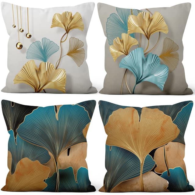Uiiooazy Kissenbezug Ginkgo, Kissenbezüge Blau Gold Blätter Abstrakt Motiv Dekorativ Kissenhülle Quadratisch Samt Zierkissenbezug für Sofa Couch Schlafzimmer Wohnzimmer Auto Zuhause, 4er Set, 45x45cm Blau Gold 45 x 45 cm, 4 Stück