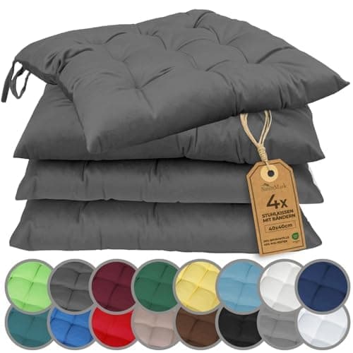 NatureMark 4er Set Stuhlkissen mit Bändern 40x40 cm – Gefüllte Sitzkissen, Outdoor & Indoor – Anthrazit Grau 4 Stück (1er Pack) Anthrazit Grau
