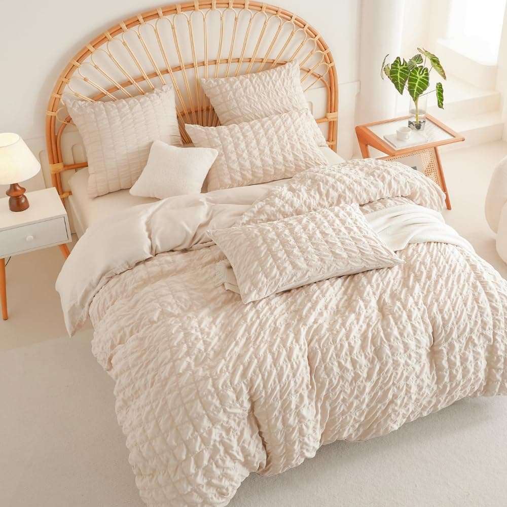 Nayoroom Musselin Bettwäsche 135x200 Seersucker Beige Kariet Welligkeit Aesthetic Cream Bettwäsche Set 2teilig Modern Mädchen Microfaser Lustig Bettbezug und Kissenbezug 80x80 mit Reißverschluss Beige 135 x 200 + 80 x 80 cm