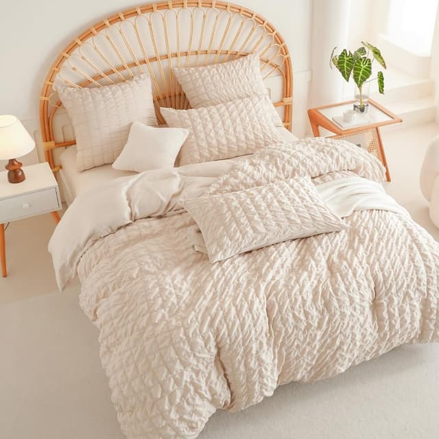 Nayoroom Musselin Bettwäsche 135x200 Seersucker Beige Kariet Welligkeit Aesthetic Cream Bettwäsche Set 2teilig Modern Mädchen Microfaser Lustig Bettbezug und Kissenbezug 80x80 mit Reißverschluss Beige 135 x 200 + 80 x 80 cm