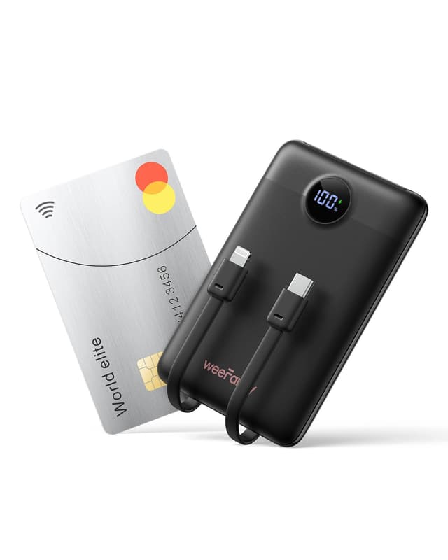 WeeFancy Power Bank 10000mAh Powerbank Klein PD 22,5W Mini Powerbank mit integrierten Kabeln USB C Externe Handyakkus 3 Ausgänge & 3 Eingänge Kompatibel mit iPhone/Samsung/Huawei Schwarz