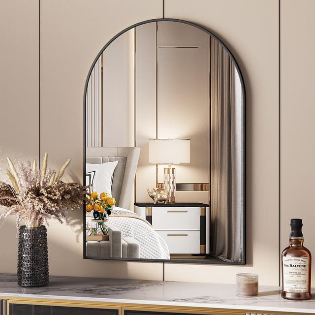 Clevich Wandspiegel 66x96cm, Badspiegel mit Aluminiumrahmen, Bogen Halbkreisförmig Schminkspiegel, Gehärtetes Glas, für Badezimmer Flur Wohnzimmer, Schlafzimmer, Schwarz Schwarz 96L x 66B cm