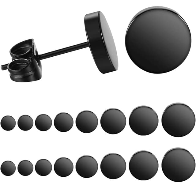 VURYAPI 8 Paar Dot Ohrstecker Schwarz Unisex Edelstahl Ohrstecker Runde Flat Top Ohrringe Schwarz Set Damen Herren Mädchen (3mm-12mm) Halloween Punk Rock Ohrstecker