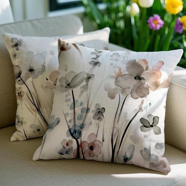 Vorysum Outdoor Kissenbezug 40x40 cm Sommer Wetterfest Sofakissen Tuschemalerei Böhmen Dekokissen Blumen Kissenbezüge Dekorativ Kissenhülle aus Polyster für Garten Sofa Wohnzimmer Bett 2er Set Blumen-a 40 x 40 cm, 2 Stück