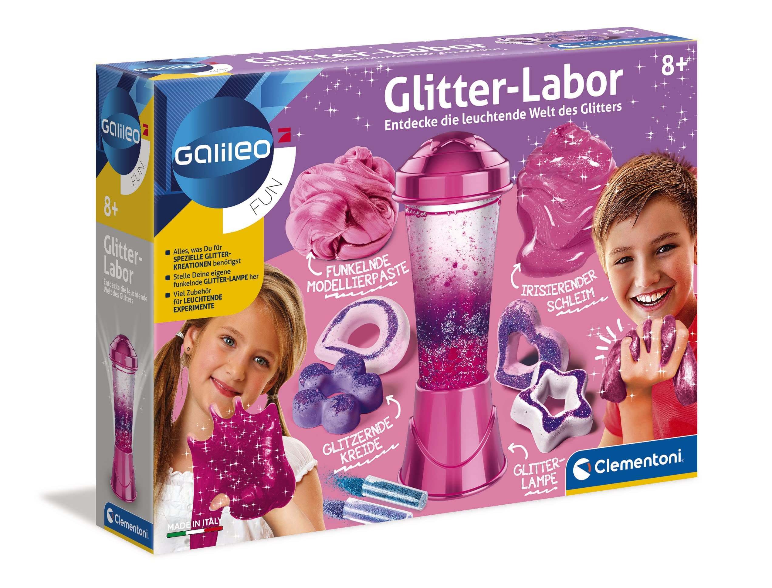 Clementoni Galileo Fun – Glitter-Labor, Basteln & Experimentieren mit Glitzer, Kreide/Schleim/Modellierpaste/Lavalampe zum Selbermachen & Dekorieren für Kinder ab 8 Jahren von Clementoni 59224