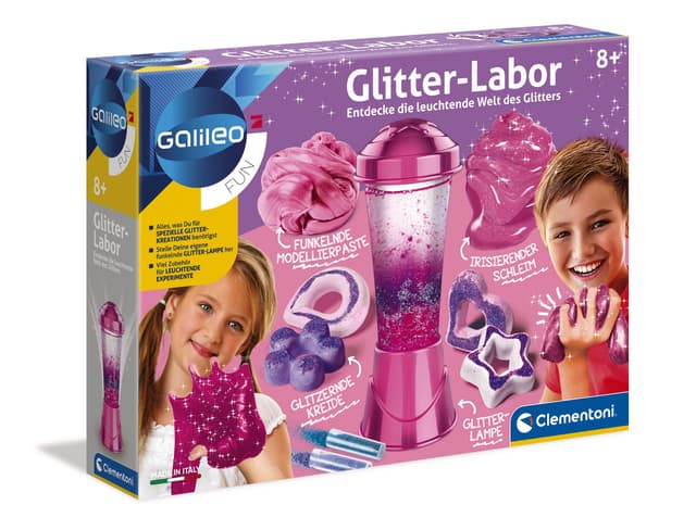 Clementoni Galileo Fun – Glitter-Labor, Basteln & Experimentieren mit Glitzer, Kreide/Schleim/Modellierpaste/Lavalampe zum Selbermachen & Dekorieren für Kinder ab 8 Jahren von Clementoni 59224