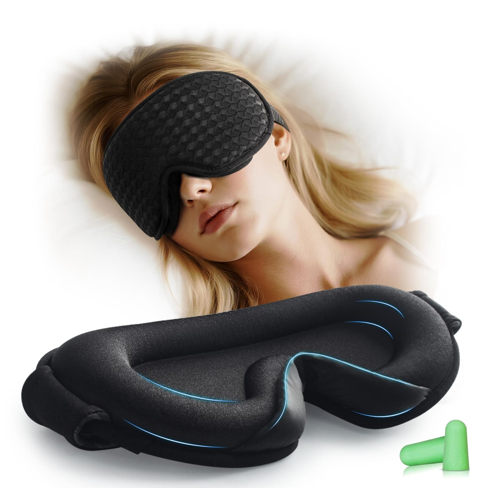 Aosun 3D Schlafmaske für Seitenschläfer, 2025 Upgrade Augenmaske für Frauen & Herren, 100% Lichtblockierend & Atmungsaktiv, Schlafbrille mit Verstellbarem Gummiband & Ohrstöpseln, Reisen, Büro, Yoga Schwarz