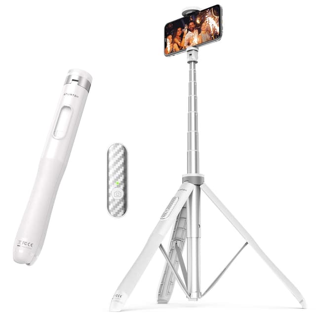 Atumtek 130 cm Selfie-Stick Stativ, Bluetooth-Selfie-Stick aus robustem Aluminium und mit rutschfesten Stativfüßen für iPhone und Android, ideal für Selfies, Videoaufnahmen und Live-Streaming 130 cm Weiß