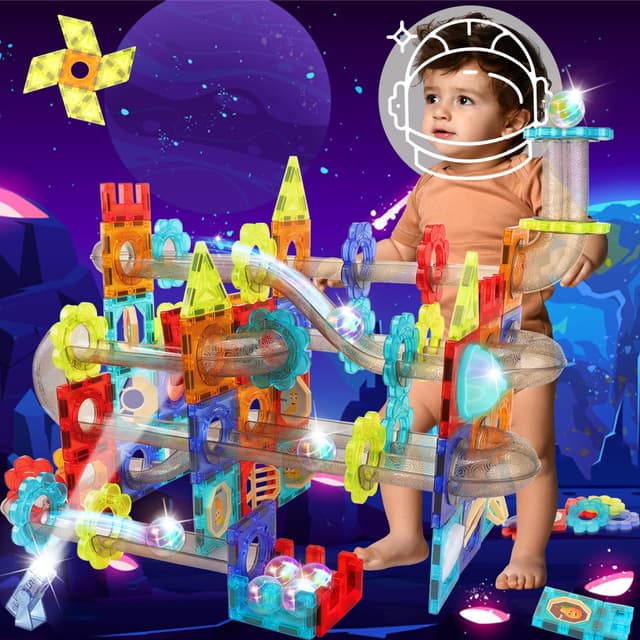 SVYHUOK Magnetische Bausteine für Kinder, Magnet Konstruktionsspielzeug 3D, 81 Teile Murmelbahn Lernspielzeug, Kreativität Montessori Magnetspiel Bauklötze Geschenk für Jungen und Mädchen 81 PCS Licht
