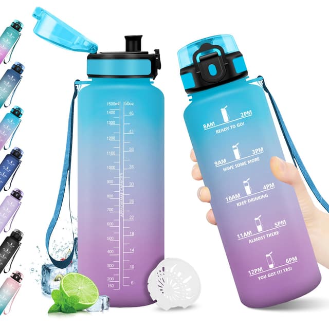 Trinkflasche Sport 1.5L, Trinkflasche mit Zeitmarkierung, Wasserflasche mit Filter, Auslaufsicher, Wasserflasche Kohlensäure Geeignet, BPA-frei, Wasserflasche für Fitness, Gym, Fahrrad, Yoga, Büro 1500 ml 50oz-1500ml | Blau + Lila