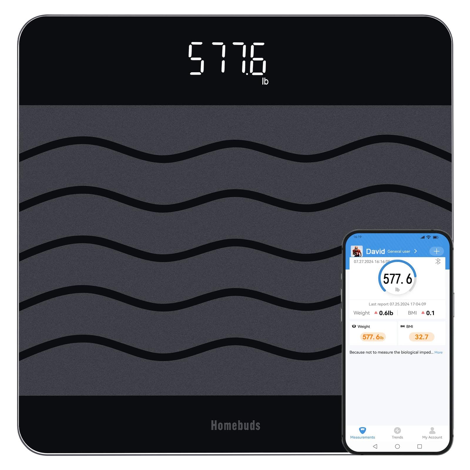 Homebuds 300kg Digitale Personenwaagen Waage mit Gewicht und BMI, Smarte Körperwaage mit Smartphone App Sync via Bluetooth, 8 mm Hartglas mit extra-breiter Plattform, Schwarz Personenwaagen Schwarz