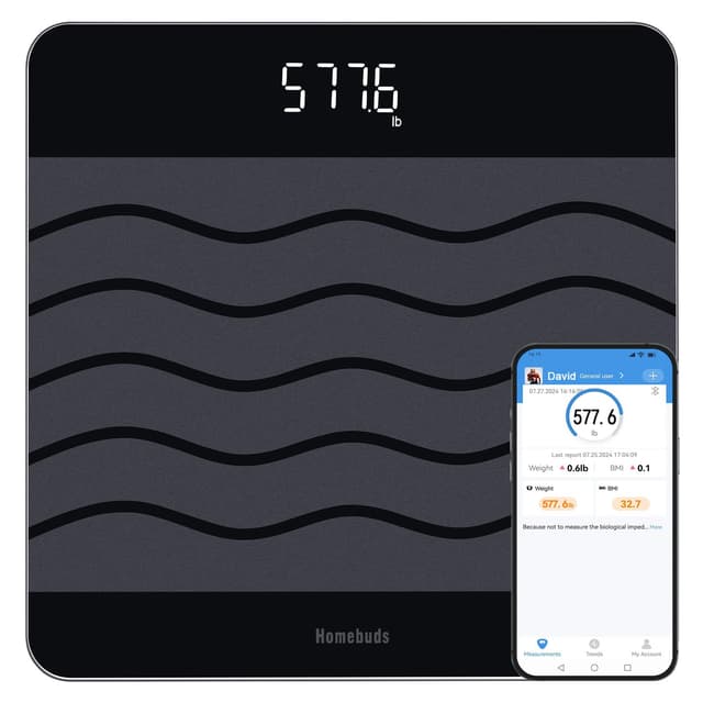 Homebuds 300kg Digitale Personenwaagen Waage mit Gewicht und BMI, Smarte Körperwaage mit Smartphone App Sync via Bluetooth, 8 mm Hartglas mit extra-breiter Plattform, Schwarz Personenwaagen Schwarz