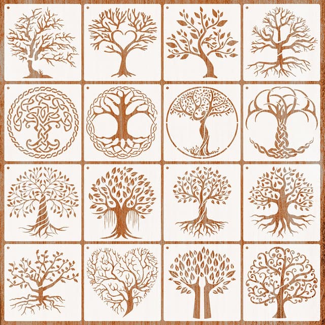 16 Stück Baum des Lebens Schablone, Baum Zeichnungsschablonen Wiederverwendbare DIY Malerei Vorlage Stencil Kit Baumschablone für Wand Möbel Handwerk und Dekorationen (15 x 15 cm)