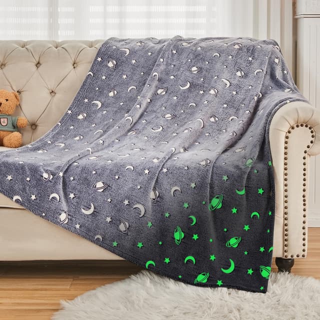 SOCHOW Glühen im Dunkeln Decke 127 x 150 cm, Galaxie Sterne Muster Flanell Fleecedecke, Grau Ganzjahresdecke für Kinder