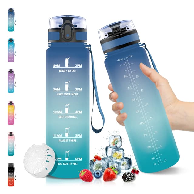 Vikaster Trinkflasche Sport, 500ml / 1L / 1,5L BPA-frei Tritan Auslaufsicher Kunststoff Wasserflasche, Kohlensäure Geeignet, Sportflasche für Fahrrad, Kinder, Schule, Fitness, Yoga 1000 ml Blau/Grün Farbverlauf