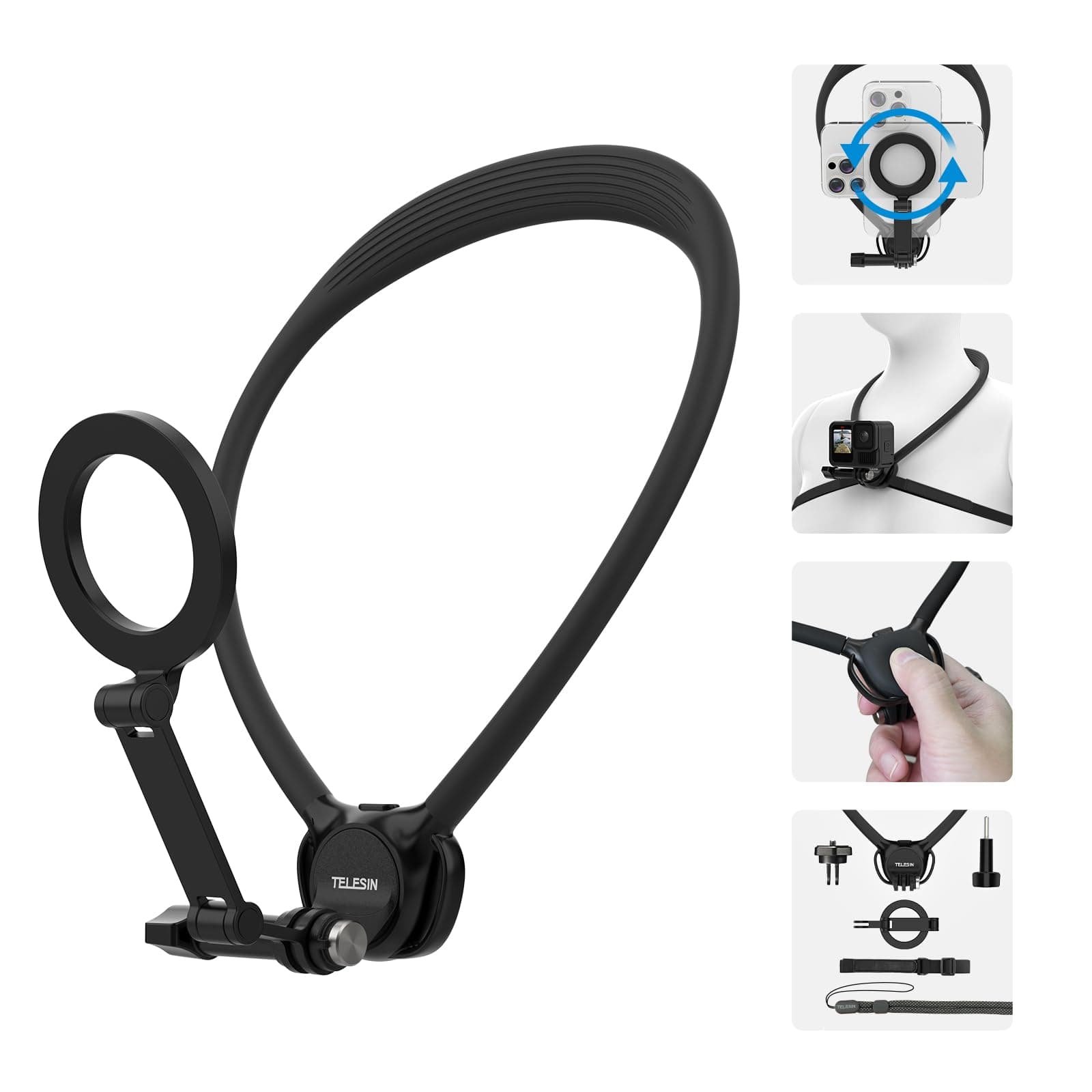 TELESIN SE 2.0 Hals Halterung Set, Magnetischer Telefonhalter für iPhone 16 15 14 13 Samsung Android, Flexible POV Necken Halterung für Go Pro Hero DJI Osmo Insta360 mit Multi-Winkel-Filmen, Zubehör Halshalterung Schwarz+Magnetische Telefonhalterung