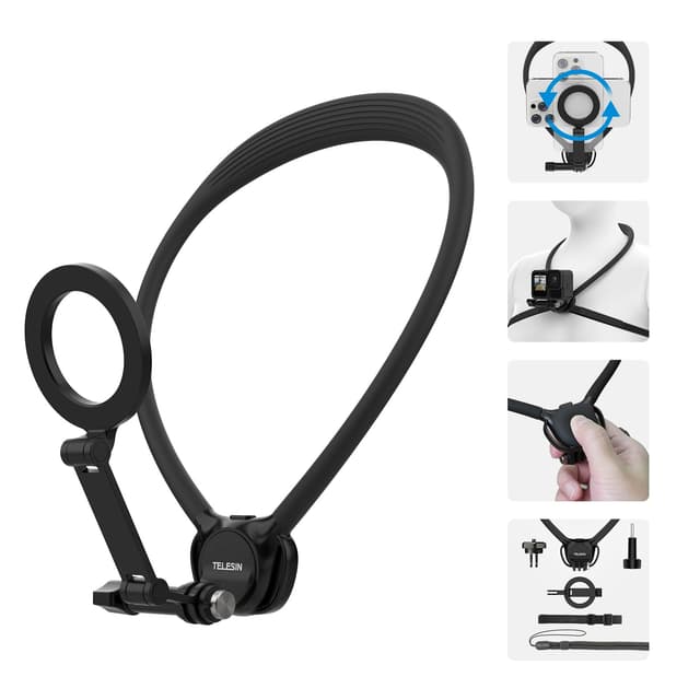 TELESIN SE 2.0 Hals Halterung Set, Magnetischer Telefonhalter für iPhone 16 15 14 13 Samsung Android, Flexible POV Necken Halterung für Go Pro Hero DJI Osmo Insta360 mit Multi-Winkel-Filmen, Zubehör Halshalterung Schwarz+Magnetische Telefonhalterung