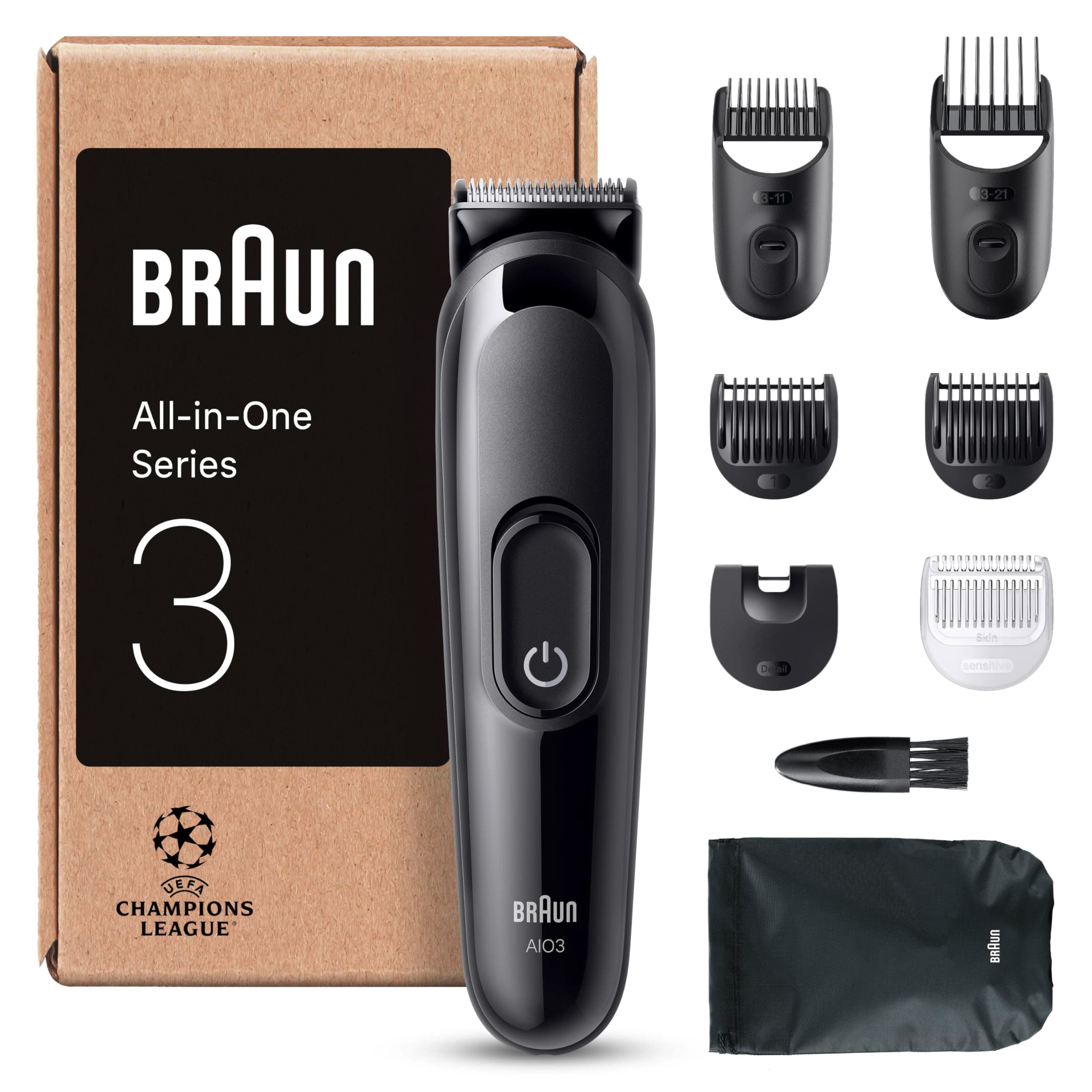 Braun All-in-One Trimmer-Set 3, 8-in-1 Multigroom, Haarschneidemaschine für Gesicht und Kopf, Barttrimmer, Nasenhaartrimmer, 50 Min Akku, 14 Längen (3–21 mm), Wasserdicht, AIO3545, Schwarz