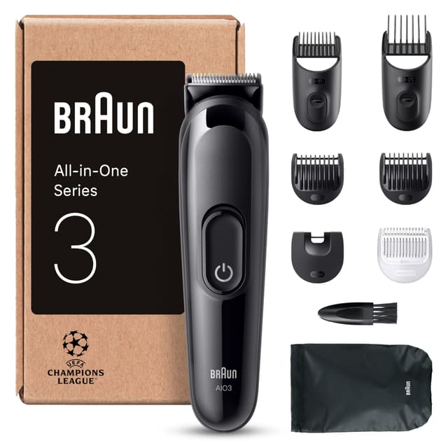 Braun All-in-One Trimmer-Set 3, 8-in-1 Multigroom, Haarschneidemaschine für Gesicht und Kopf, Barttrimmer, Nasenhaartrimmer, 50 Min Akku, 14 Längen (3–21 mm), Wasserdicht, AIO3545, Schwarz