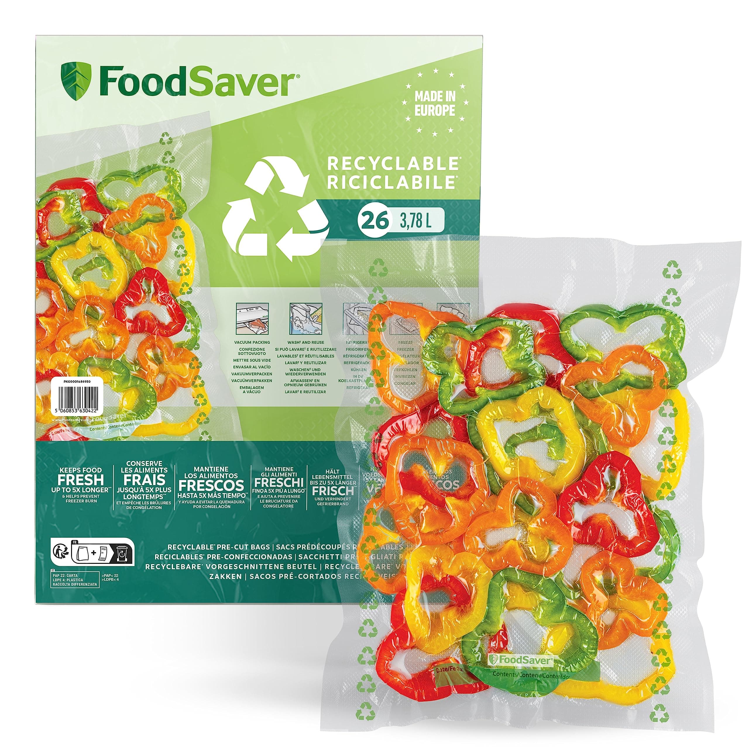 FoodSaver Vakuumierbeutel | recycel- und wiederverwendbare Lebensmittelbeutel | halten Lebensmittel bis zu 5x länger frisch | BPA-frei | 26 Beutel für Gefrierschrank und zum Garen (28cm x 35cm; 3,78l) 26 Beutel Recyclable