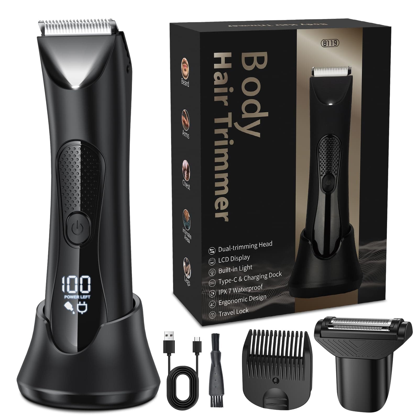 RAOYAN Intimrasierer Mann, 2 in 1 Barttrimmer Herren mit Stehender Ladestation, Eingebautes LED-Licht Körperrasierer Bodygroom Herren, IPX7 Intim Rasierer Männer für Bart, Körper, Intimbereich, Hoden 8119-1