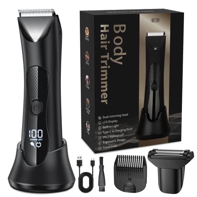 RAOYAN Intimrasierer Mann, 2 in 1 Barttrimmer Herren mit Stehender Ladestation, Eingebautes LED-Licht Körperrasierer Bodygroom Herren, IPX7 Intim Rasierer Männer für Bart, Körper, Intimbereich, Hoden 8119-1