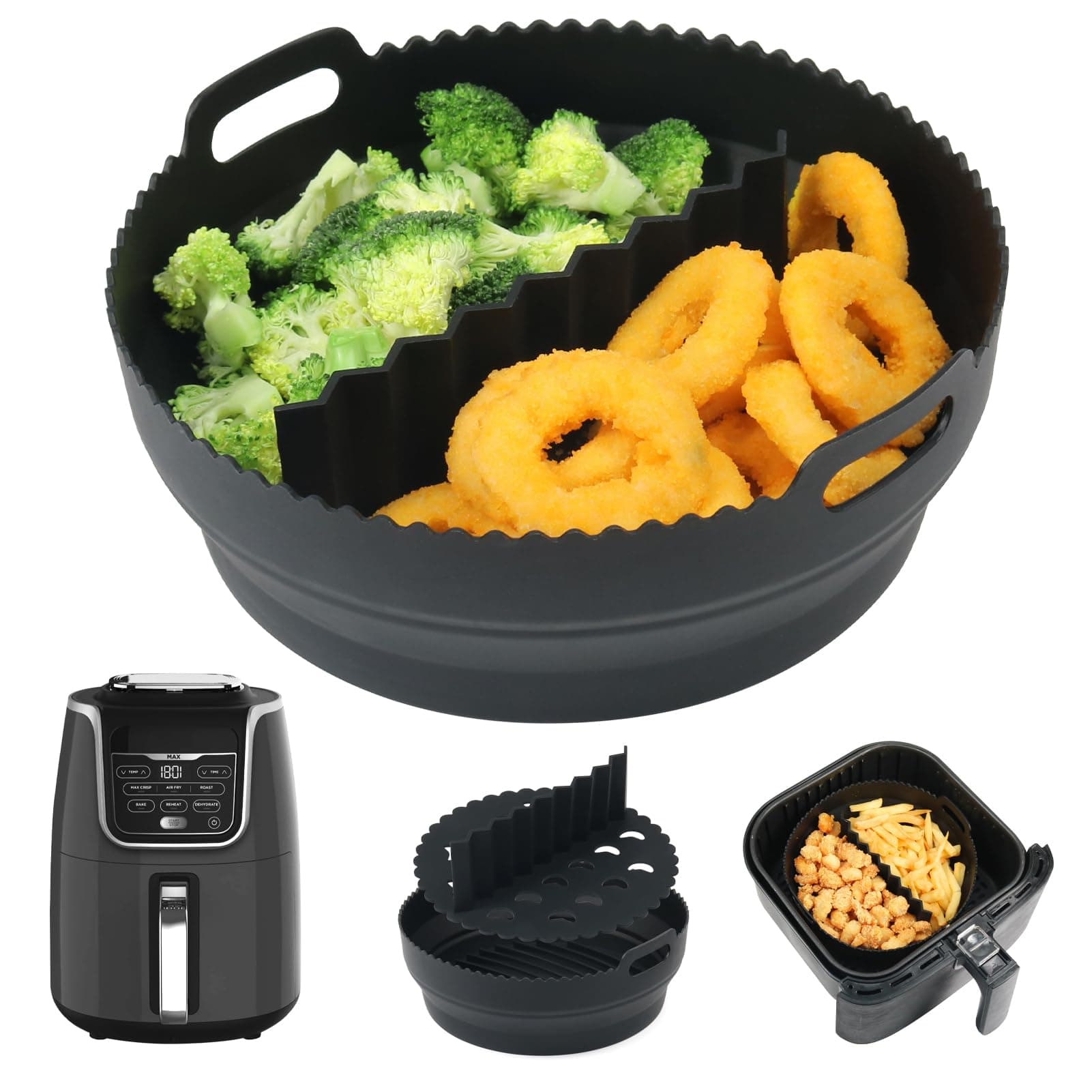 YQL Silikonform Heißluftfritteuse Rund für Ninja Airfryer Max AF160EU 5,2L, 21cm Air Fryer Silikon Einsatz, Airfryer Zubehör für COSORI 4,7-5,5L Air Fryer/Cecotec Heißluftfritteuse 5,5L
