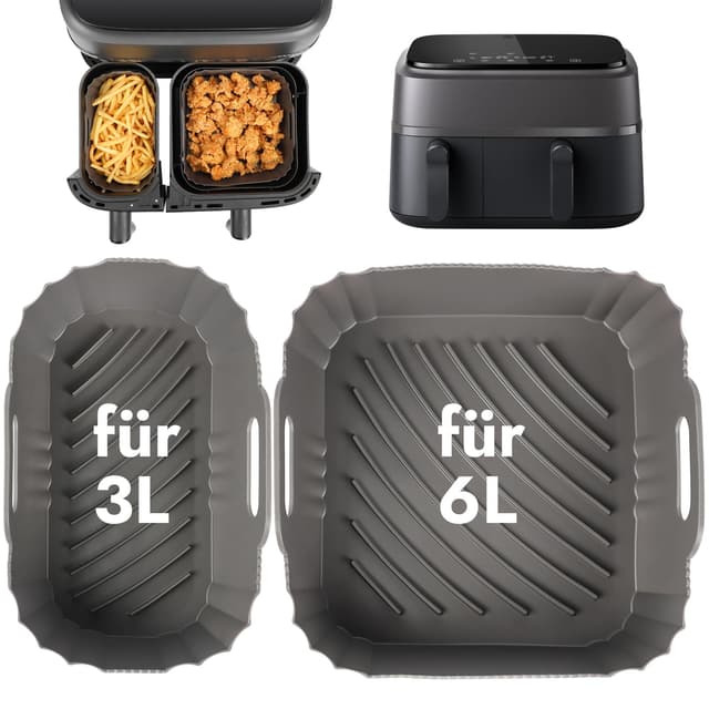 YQL Heißluftfritteuse Zubehör für Philips Dual Airfryer 3000/5000 Series, Silikonform Heißluftfritteuse für Philips Airfryer Dual Basket (3L & 6L), Einsatz für Philips/COOKWISE Airfryer 3L & 6L Grau-für 6l&3l