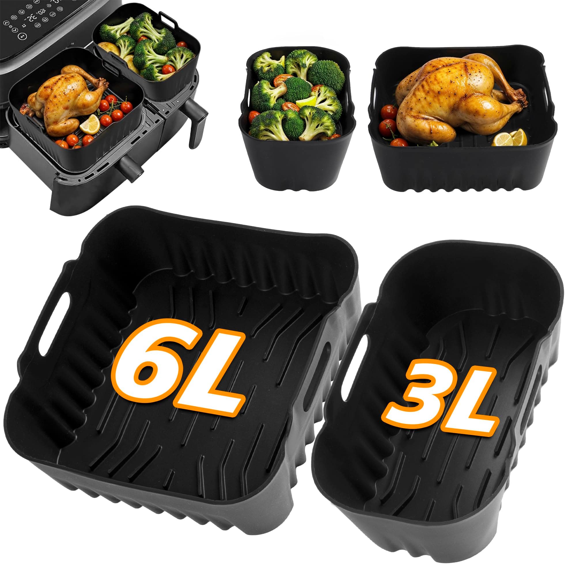 Ninipie Silikonform Zubehör für Philips Dual Basket 3000 Heißluftfritteuse NA350 NA550, Tefal Dual Easy 5,2/3,1L, Zubehör Philips Airfryer 6/3L Dual, Philips Heißluftfritteuse 5000, Air Fryer liners Schwarz 2 Stück 3L+6L