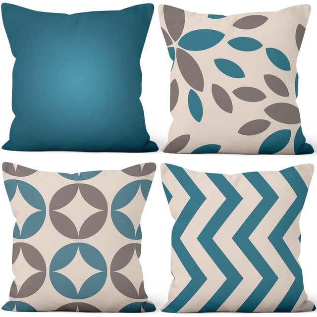 Aoihrraan Kissenbezüge 4er Set, Minimalistische Dekokissenbezüge In Darkcyan Und Grey Geometry Weicher Kurzer Plüsch Quadrat Kissenbezug für Sofa Couch Schlafzimmer Auto Stuhl Wohnkultur 40x40cm 40 x 40 cm, 4 Stück Dunkelcyan