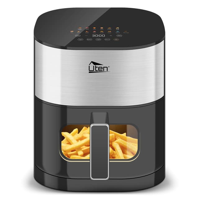 Uten Dual Blaze Heißluftfritteuse 5,5 L mit Sichtfenster, Farbbildschirm, 14 Programme, Verzögerter Start, Rostfreies Ölnetz, 2 Heizquellen Einzeln Steuerbar, Kein Umdrehen Speisen, Energiesparend Silber - Quadrat Sichtbar