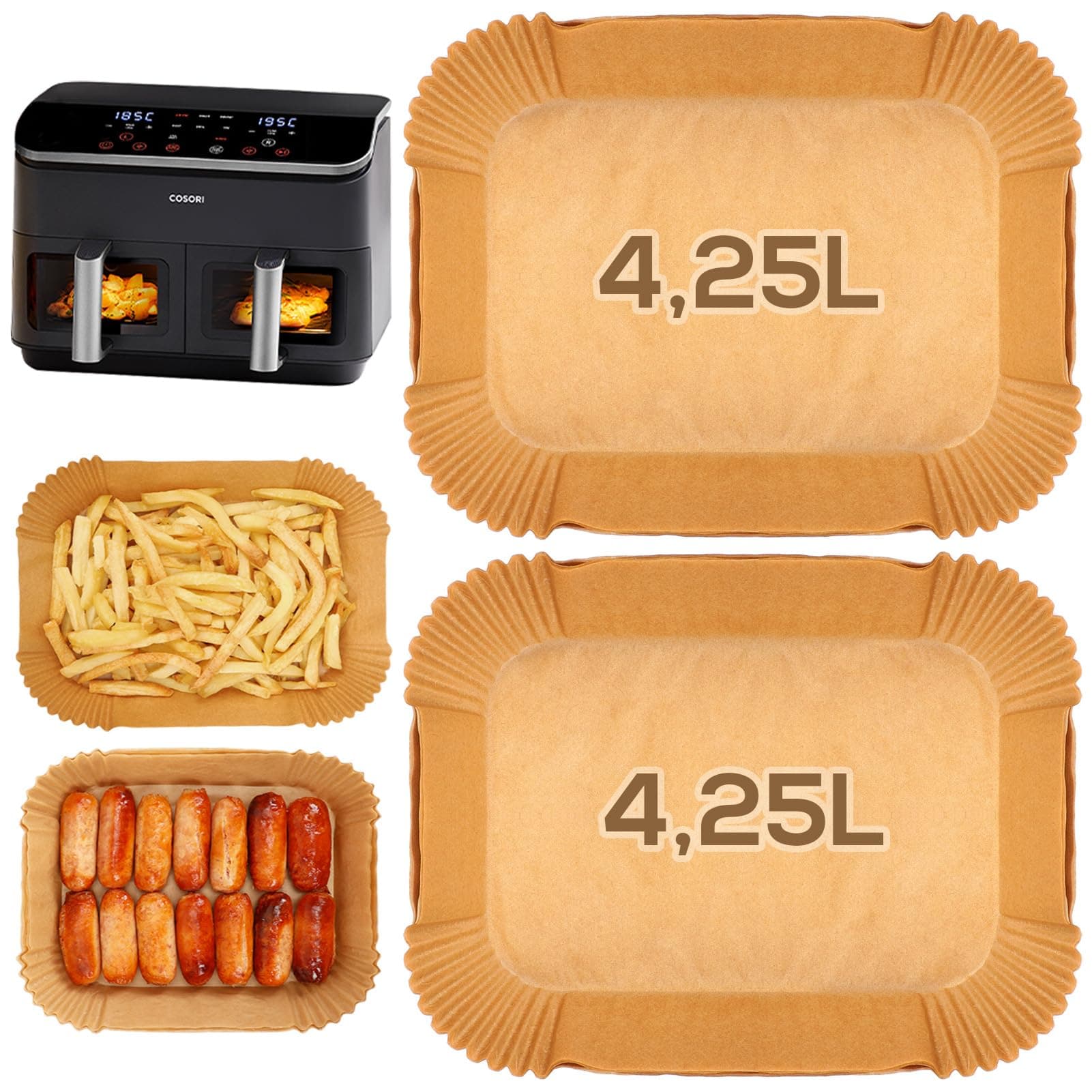 YQL Airfryer Backpapier für Cosori Heißluftfritteuse 2 Kammern Airfryer 8,5L, Air Fryer Zubehör für Cosori CAF-R901-AEU Doppel-Heißluftfritteuse/Cookwise Dual Zone 9L, 100 Stück Air Fryer Einsatz Größe 1 (21cm X 17cm) - 100 Stück