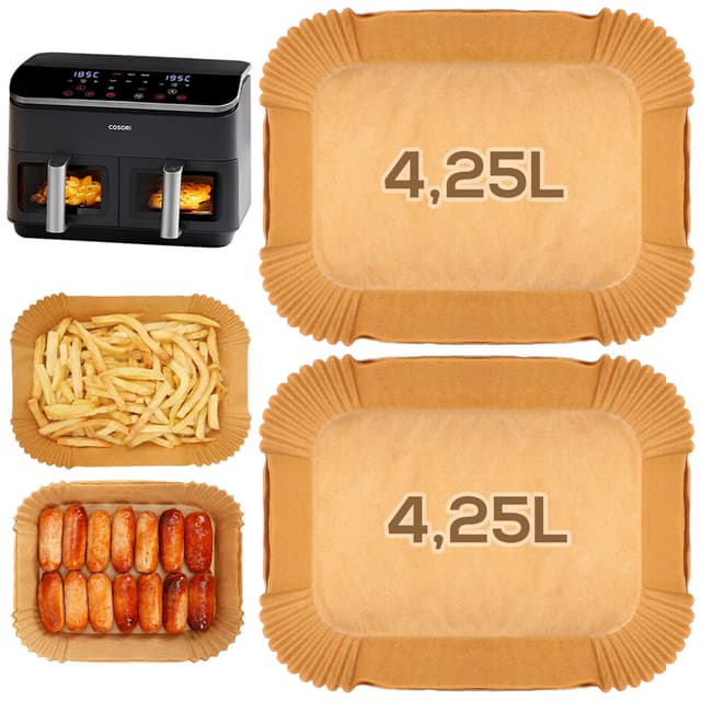 YQL Airfryer Backpapier für Cosori Heißluftfritteuse 2 Kammern Airfryer 8,5L, Air Fryer Zubehör für Cosori CAF-R901-AEU Doppel-Heißluftfritteuse/Cookwise Dual Zone 9L, 100 Stück Air Fryer Einsatz Größe 1 (21cm X 17cm) - 100 Stück