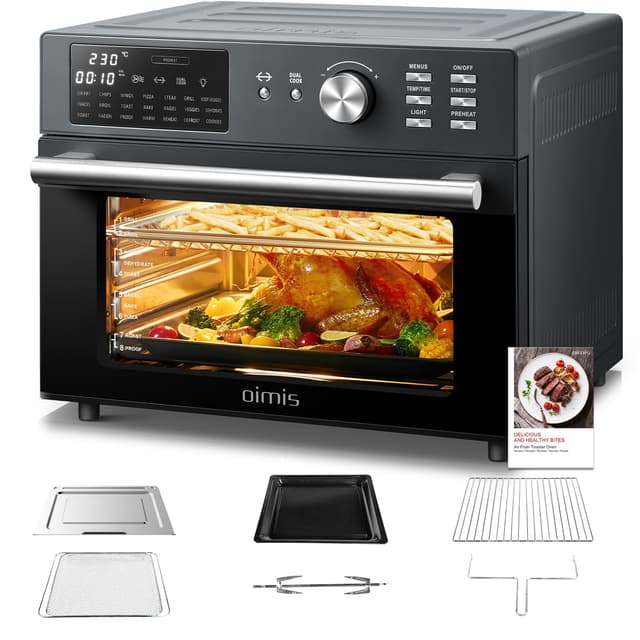 OIMIS Heißluftfritteuse xxl 30L 1800W, mini backofen mit umluft, 21 in 1 pizzaofen elektrisch mit Timer, 7 Zubehör, kochbuch, Dual Cook, Airfryer, Grillen, Backen, Schwarz Grau