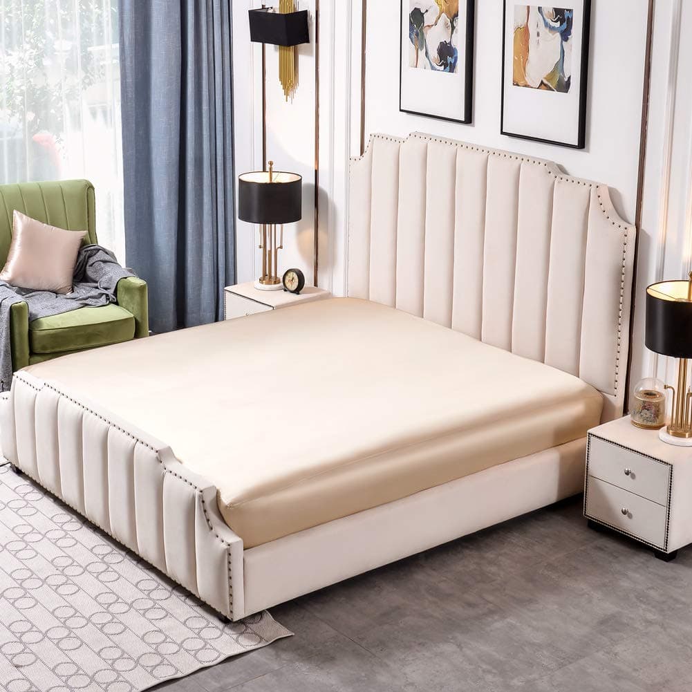 THXSILK 25 Momme Spannbettlaken Seide Bettlaken, 100% Maulbeerseide Bettwäsche Spannbetttuch, Seiden Bettlaken für Standardmatratze, 180x200+30cm, Champagner Champagner 180x200+30cm